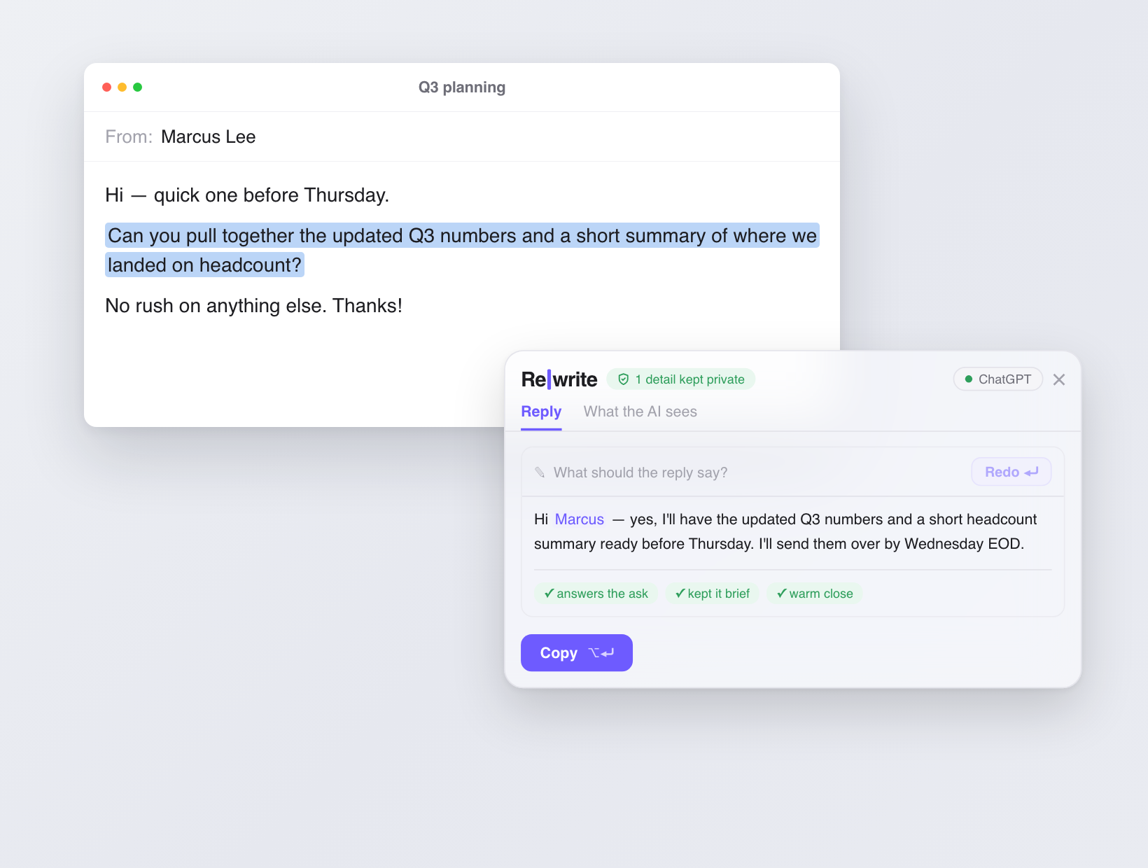 Rewrite drafting a reply to a received email